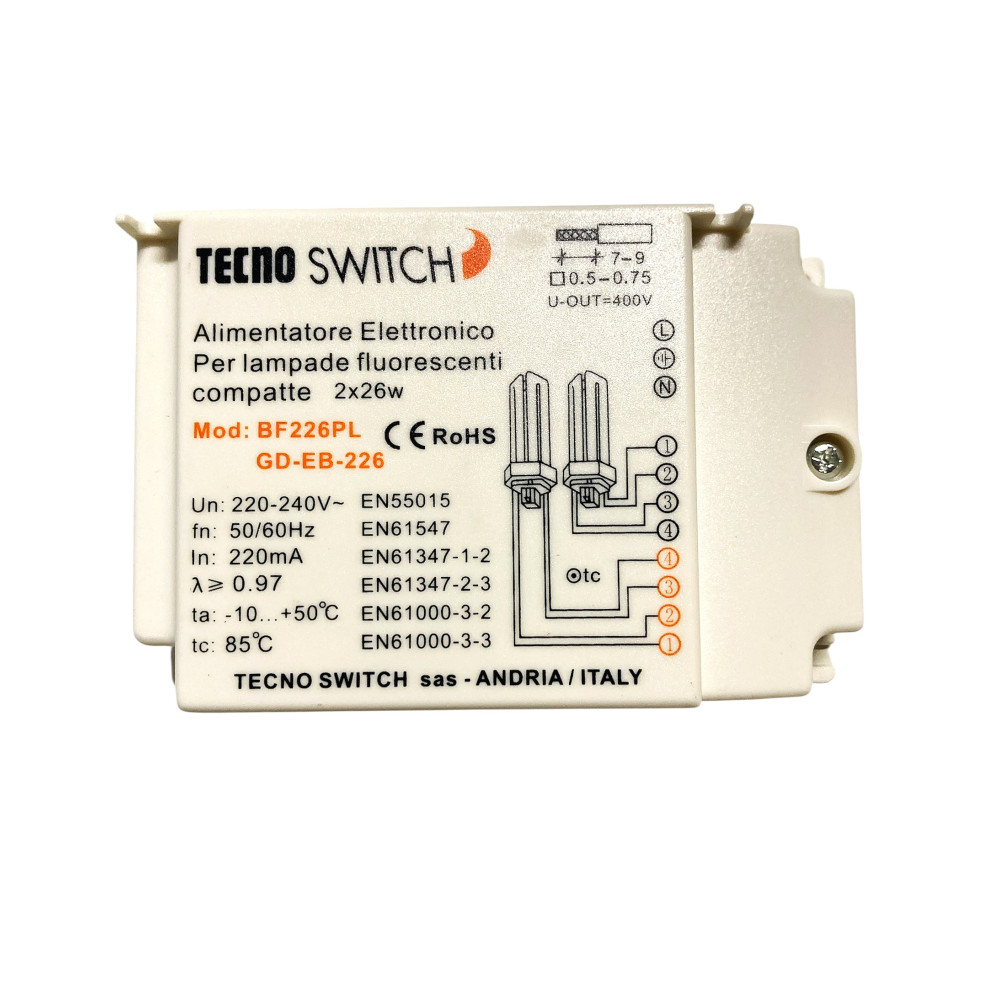 Alimentatore Elettronico per lampade FLUORESCENTI COMPATTE  2 X 26W - Tecno Switch BF226PL
