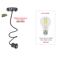 KIT VINTAGE PENDEL IN METALLO CON GHIERA "NERO PERLA" + LAMPADA LED E27 11W LUCE CALDA 3000K