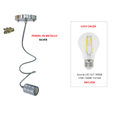 KIT VINTAGE PENDEL IN METALLO "SILVER" + LAMPADA LED E27 11W LUCE CALDA 3000K