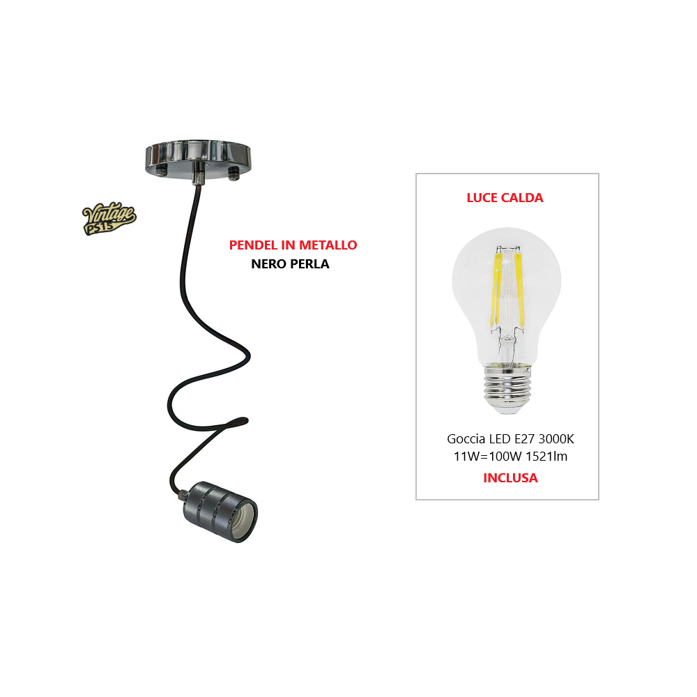 KIT VINTAGE PENDEL IN METALLO "NERO PERLA" + LAMPADA LED E27 11W LUCE CALDA 3000K