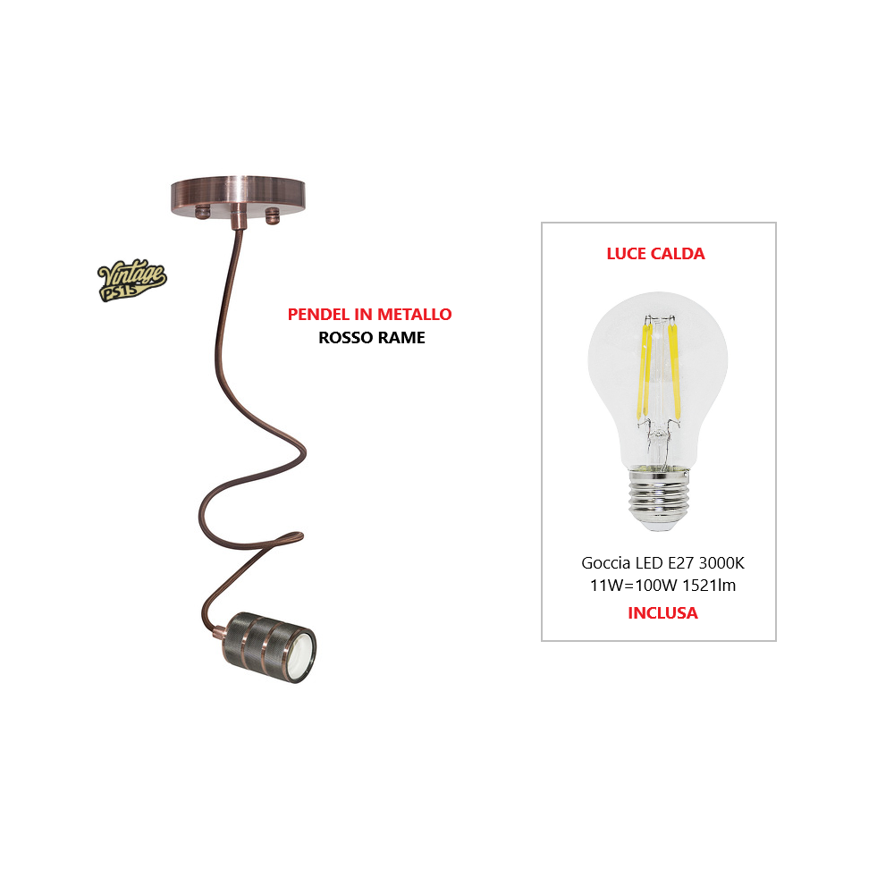 KIT VINTAGE PENDEL IN METALLO "ROSSO RAME" + LAMPADA LED E27 11W LUCE CALDA 3000K
