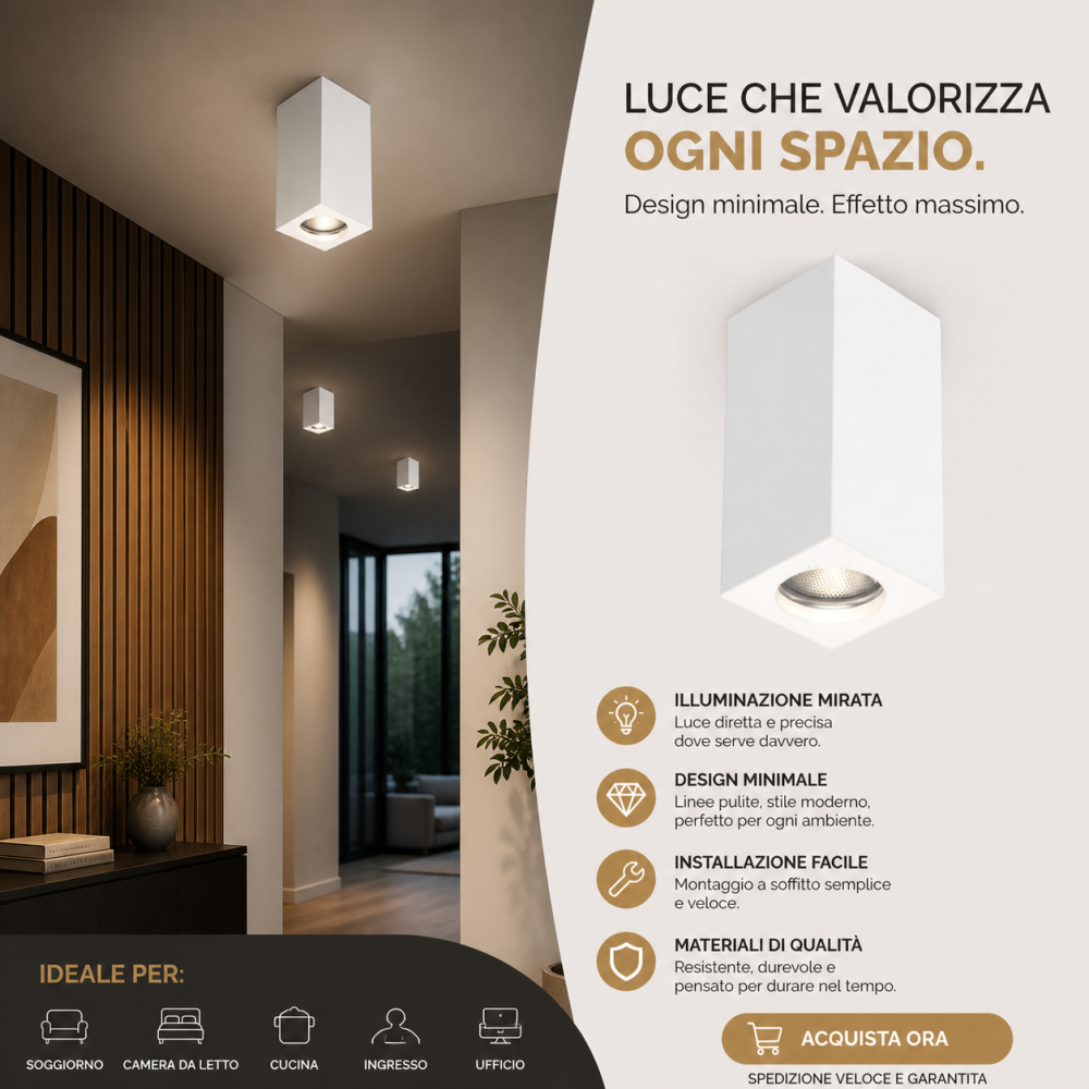 Faretto PLAFONE in GESSO, Quadrato, 1xGU10 230V, Bianco,  70 x 70 x H140 mm