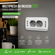 Multipresa da incasso 503 con 2 Prese Schuko + 2 Prese Bipasso BIANCA