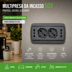 Multipresa da incasso 503 con 2 Prese Schuko + 2 Prese Bipasso NERA