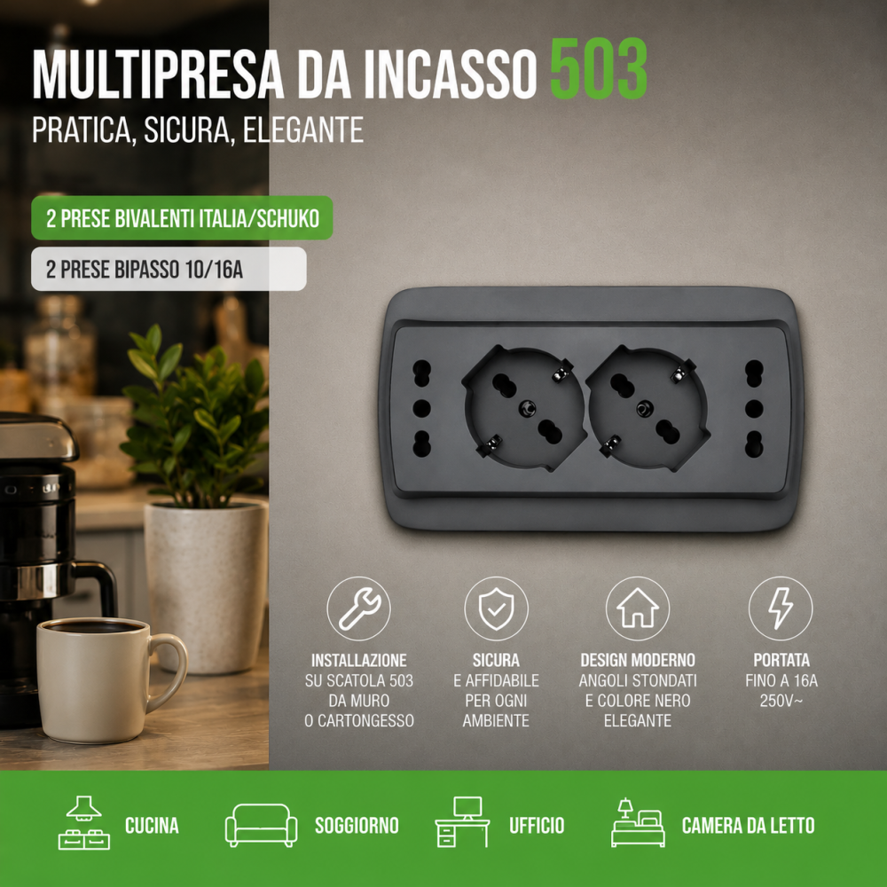 Multipresa da incasso 503 con 2 Prese Schuko + 2 Prese Bipasso NERA