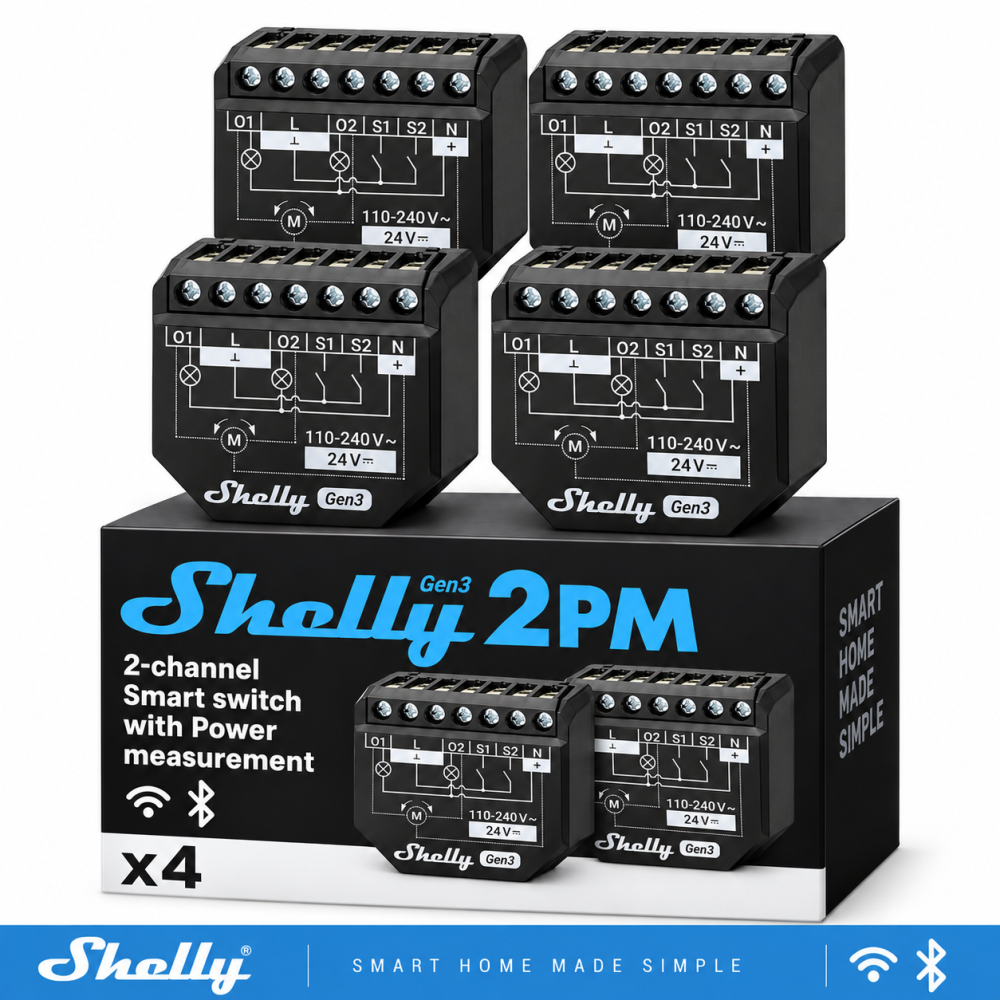 Shelly Plus 2PM Gen3 – Smart Shutter Relay 16A AC/DC Wi-Fi/BT/Matter + PM - 4 PACK