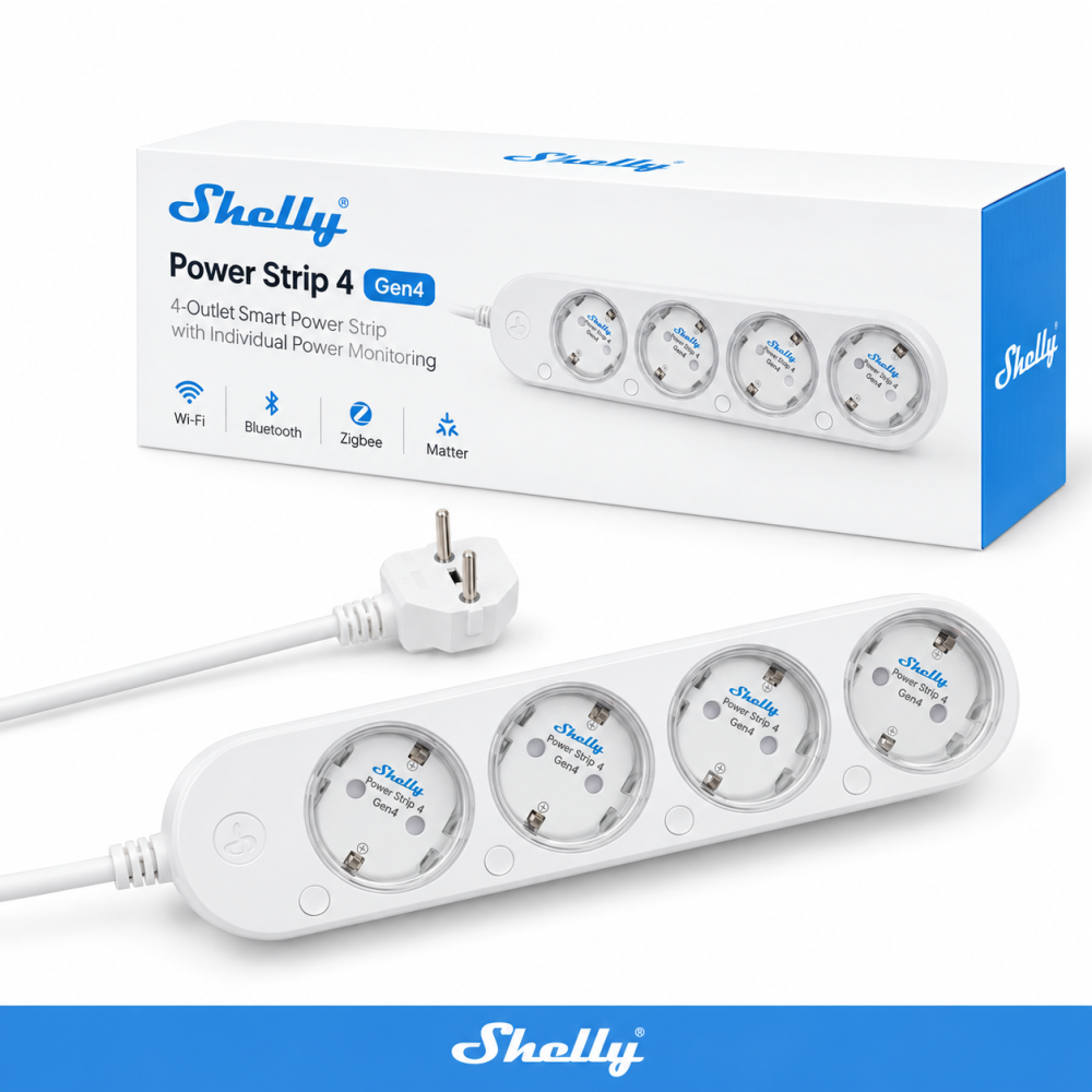 Shelly Multipresa Smart 4 Prese Schuko con Monitoraggio Energia, Wi-Fi, Bluetooth, Zigbee e Matter