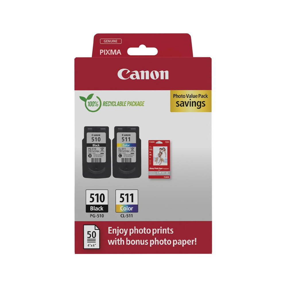 CARTUCCIA ORIGINALE CANON PG-510 + CL-511 + 50 FOGLI CARTA FOTOGRAFICA 2970B017