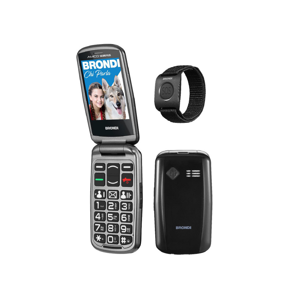 BRONDI AMICO SICURO PLUS (NERO) - TELEFONO CELLULARE PER ANZIANI - TASTO SOS - CONTROLLO REMOTO - ANNUNCIO VOCALE - BASE DI