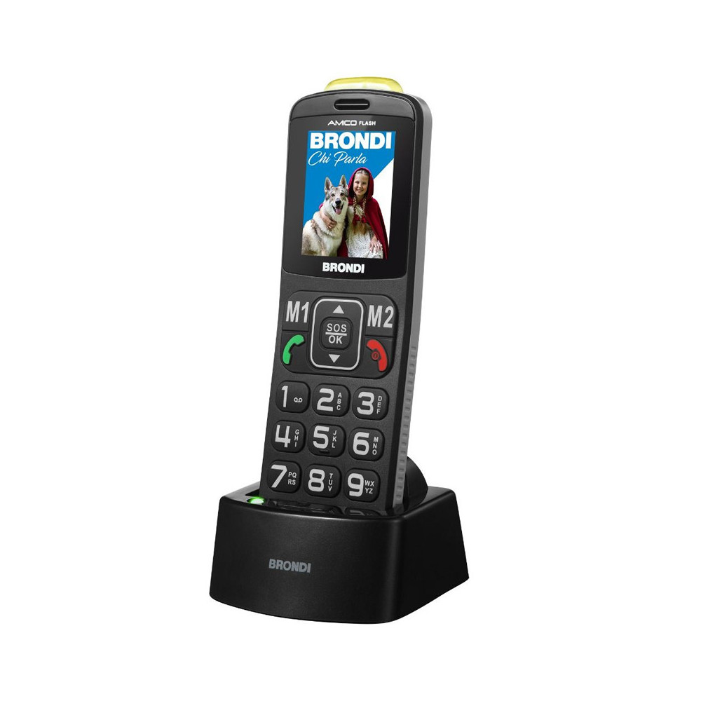 BRONDI AMICO FLASH (NERO) - TELEFONO CELLULARE PER ANZIANI - TASTO SOS - TORCIA - CONTROLLO REMOTO - FOTOCAMERA - BASE DI