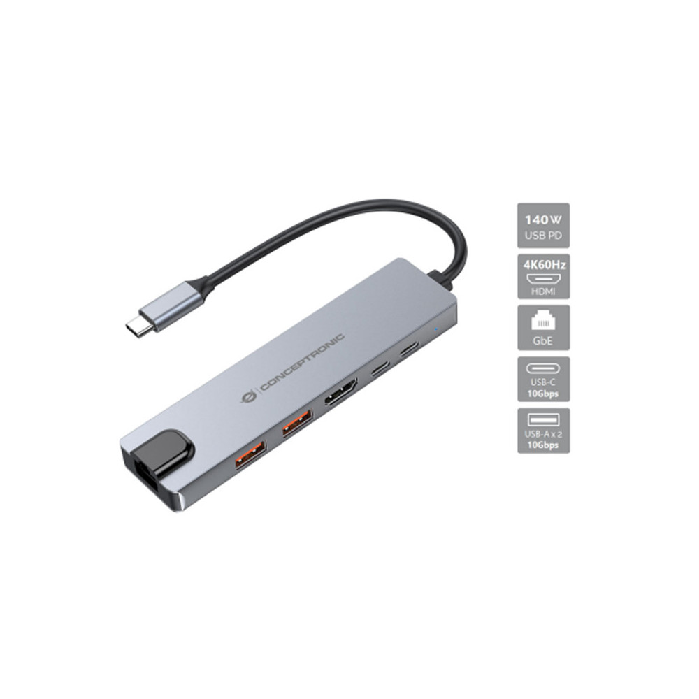 CONCEPTRONIC DONN29G - DOCKING STATION 6-IN-1 USB-C (M) 3.2 / HDMI 4K 60HZ, USB-A 10GBPS, USB-C 10GBPS, GBE, 140W USB PD 3.1