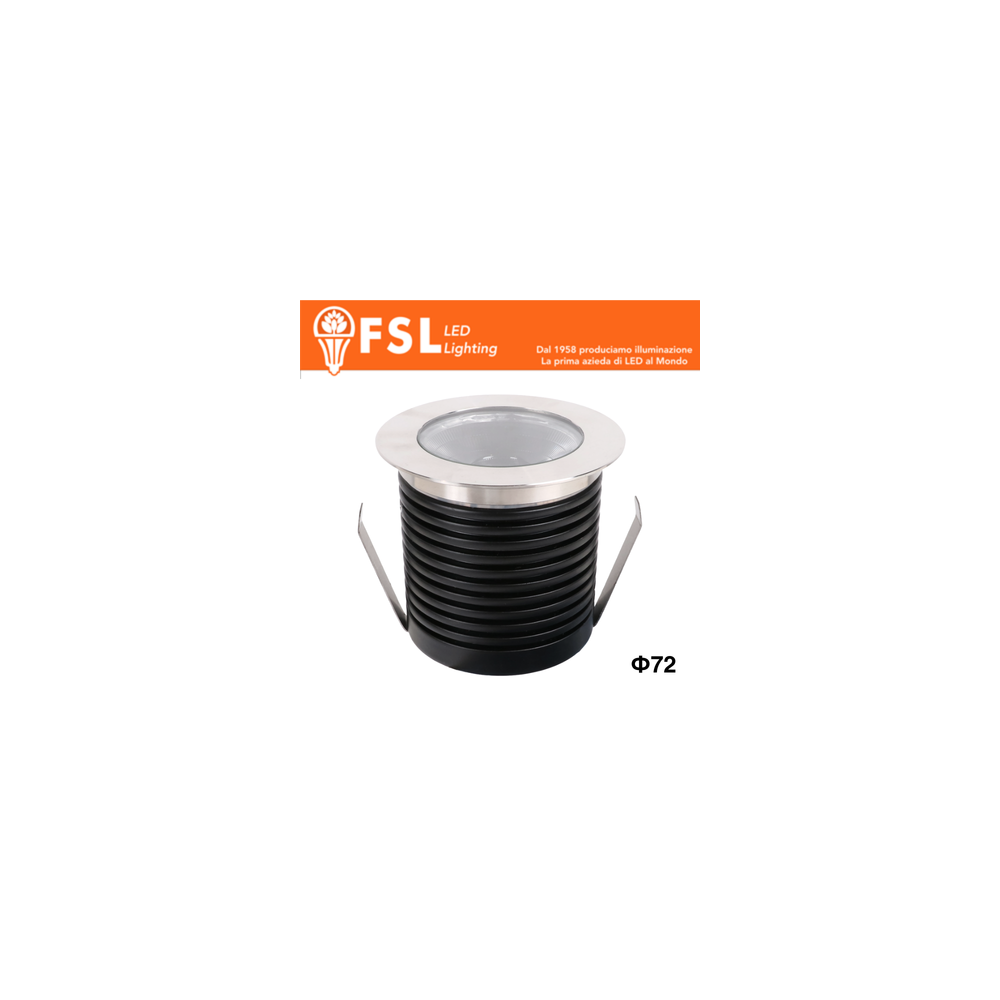 FSL POLARIS Punto luce LED da incasso impermeabile 9W 3000K IP65, 720lm, CRI≥90, Foro Φ65mm, DC24V Calpestabile