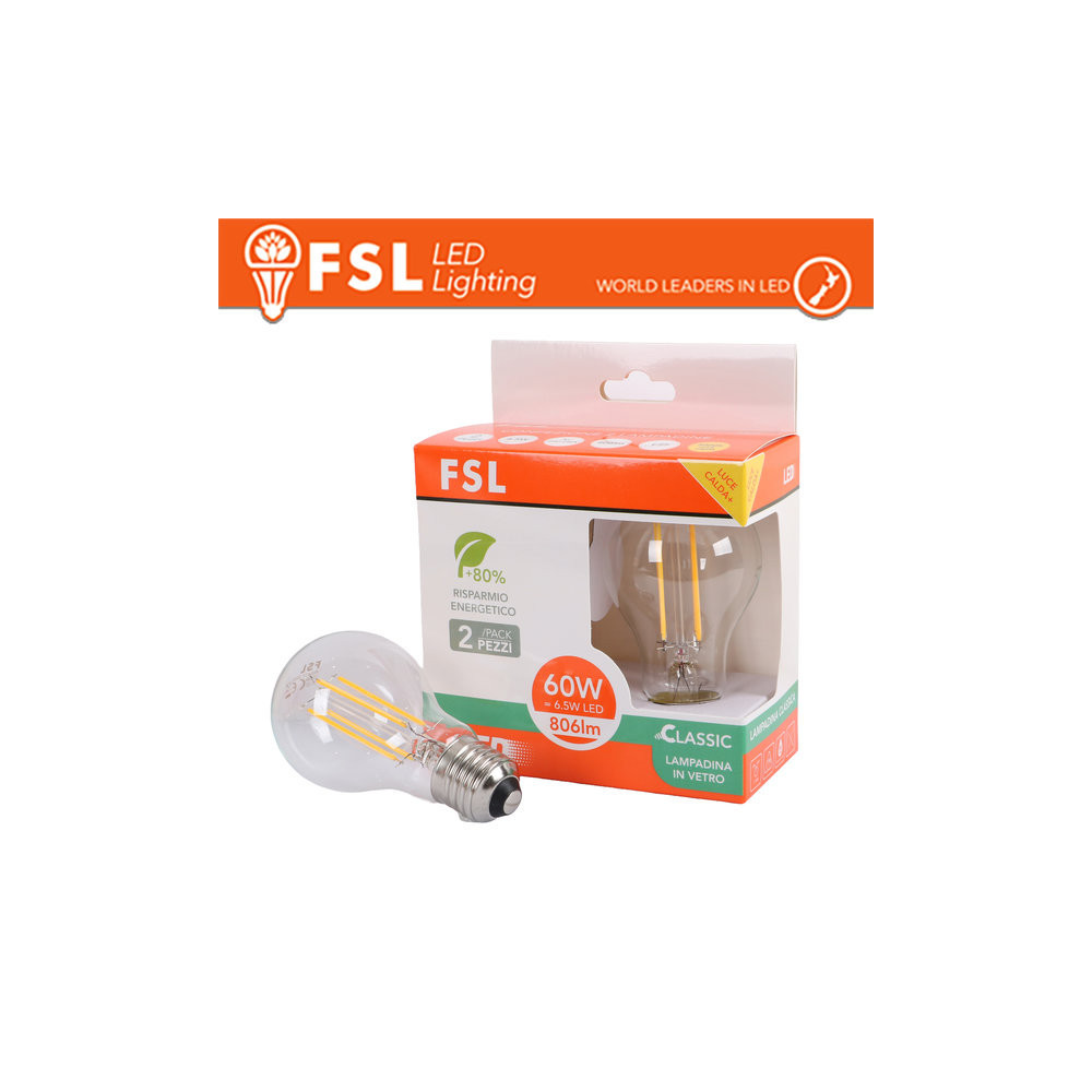 Lampada Filamento A60 6.5W 3000K E27 - Confezione 2PACK