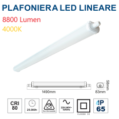 PLAFONIERA A LED LINEARE IP65, 80W, FA180°, 4000K, LM8800, Misure 1490x83x58mm