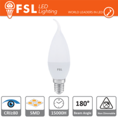 FSL Lampadina candela BT38 "Colpo di Vento" 5,5W 3000K E14, 460lm, angolo 180‑200°, nuova classe ERP F