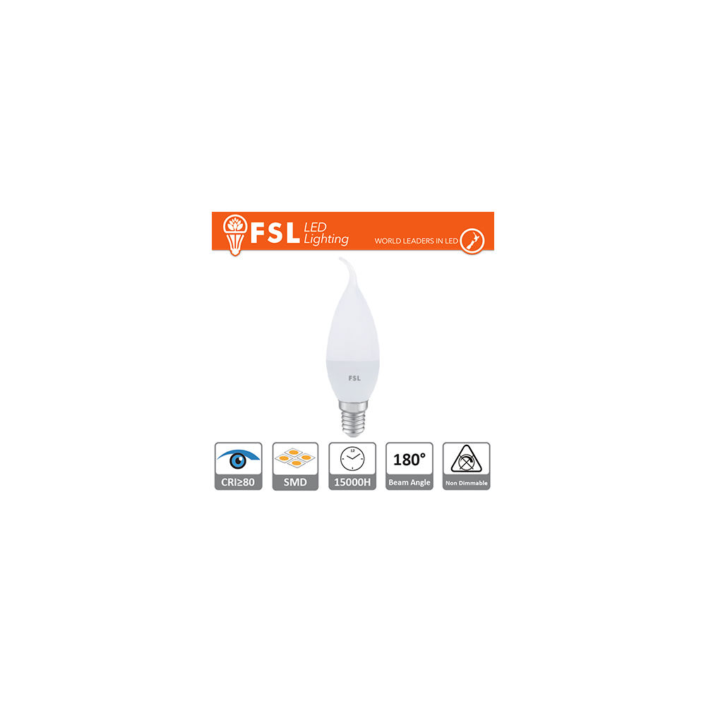 FSL Lampadina candela BT38 "Colpo di Vento" 5,5W 3000K E14, 460lm, angolo 180‑200°, nuova classe ERP F