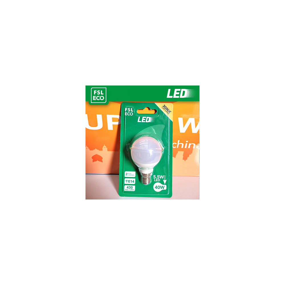 FSL Lampadina Mini‑Sfera G45 Blister 5,5W 3000K E27, 430lm, angolo 180°, nuova classe ERP F, confezione blister vendita