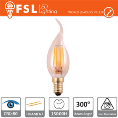 FSL Lampadina candela filamento vintage ambrata BT35 4W 2200K E14, angolo 300°, nuova classe ERP F