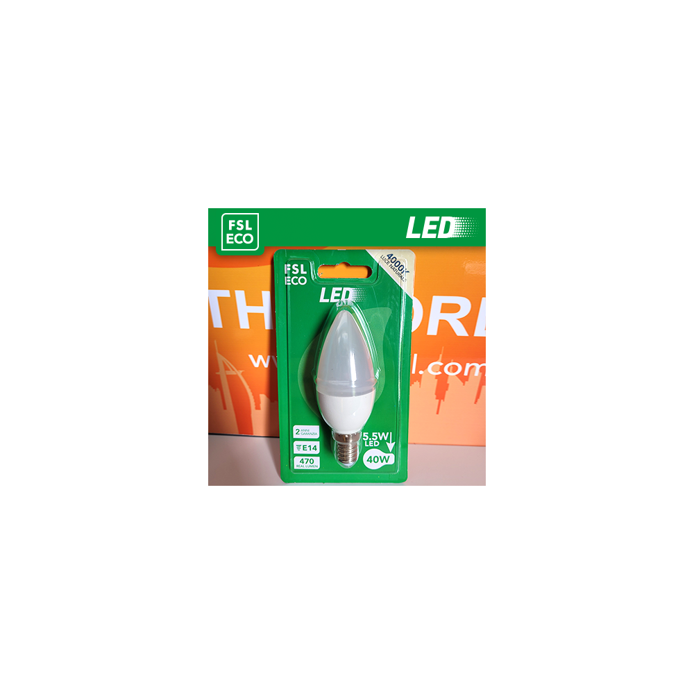 FSL Lampadina Oliva C37 Blister 5,5W 4000K E14, 470lm, angolo 180°, nuova classe ERP G, confezione blister vendita