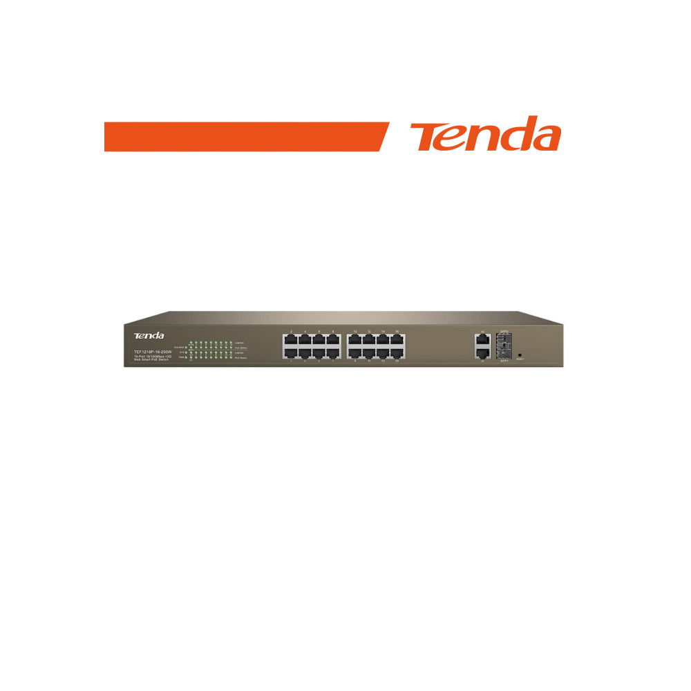Tenda Switch PoE Web Smart 16 Porte 10/100+2Gb+2SFP - EOL | TEF1218P-16-250W