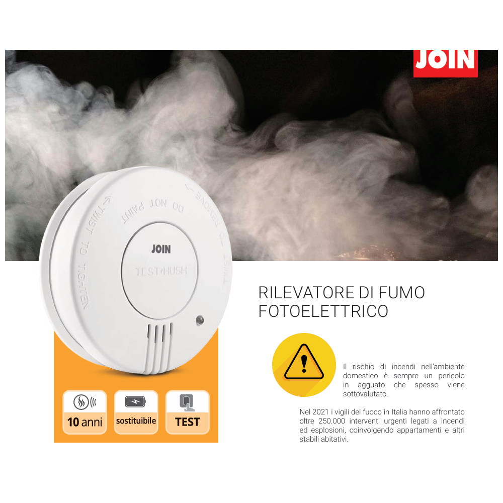 Rilevatore di fumo fotoelettrico per ambienti residenziali, B&B, alimentazione a batteria.