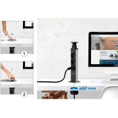 Multipresa Tower da Scrivania a incasso 3 Posti + 2 USB 2.1A, Diametro Standard 60mm